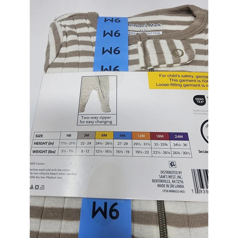 Member's Mark Baby Striped Sleep and Play Cotton 3 Pack Gift Set Size 9M